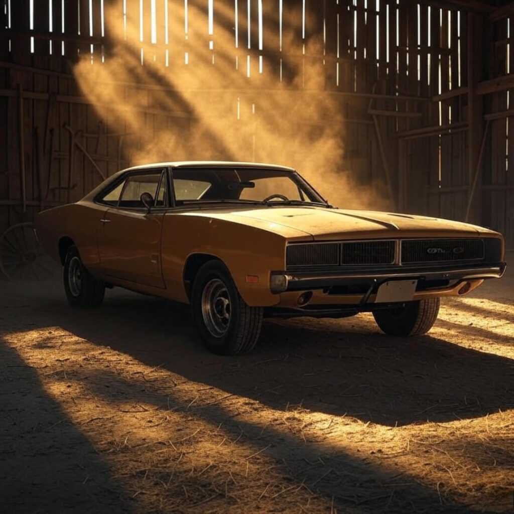 Dusty Charger in sunlit barn interior.