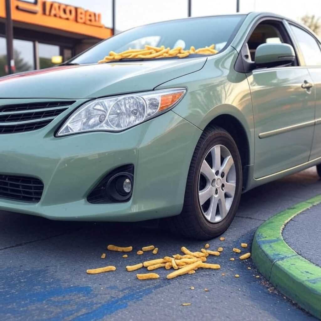 Corolla at drive-thru, fries spilling, quirky fail.