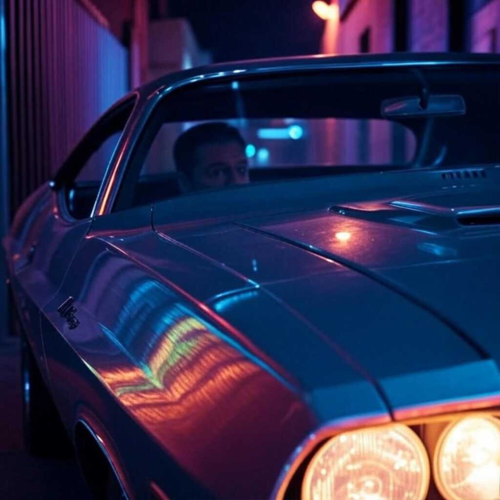 1970 Challenger in neon-lit alley with faint face reflection.