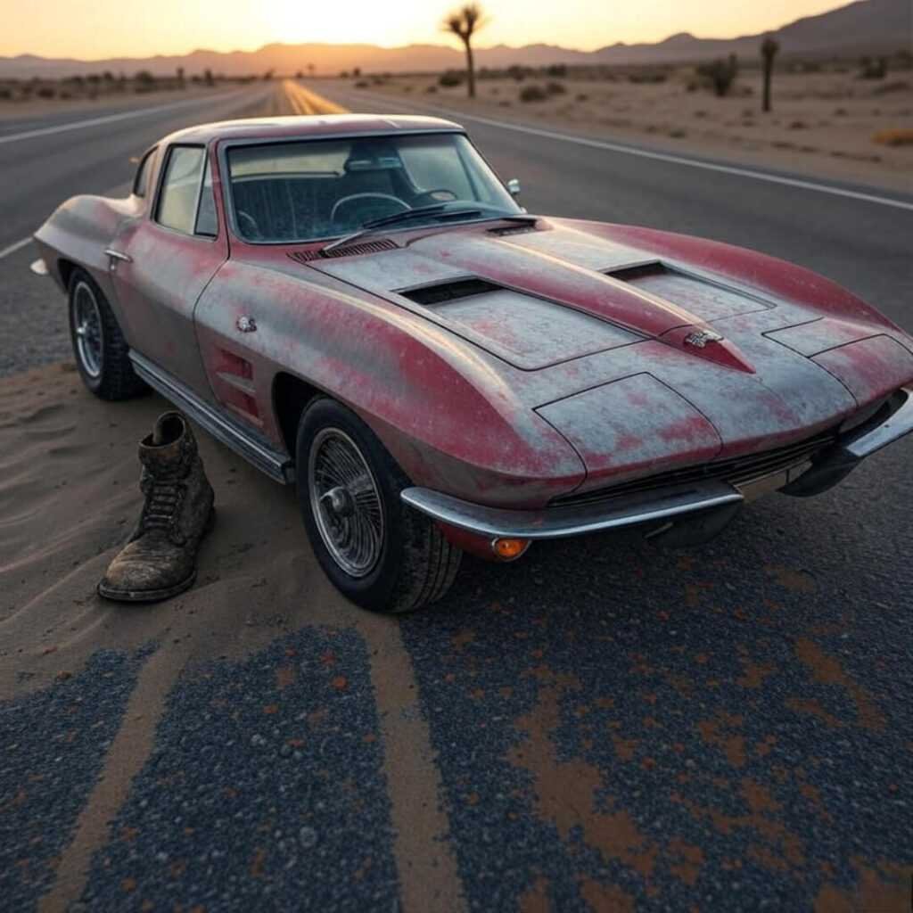 Vintage 1963 Corvette Stingray, desert boot, faded hues.