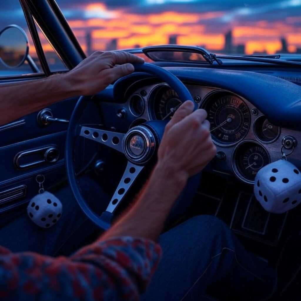 Blurry Stingray dashboard with hands gripping wheel.