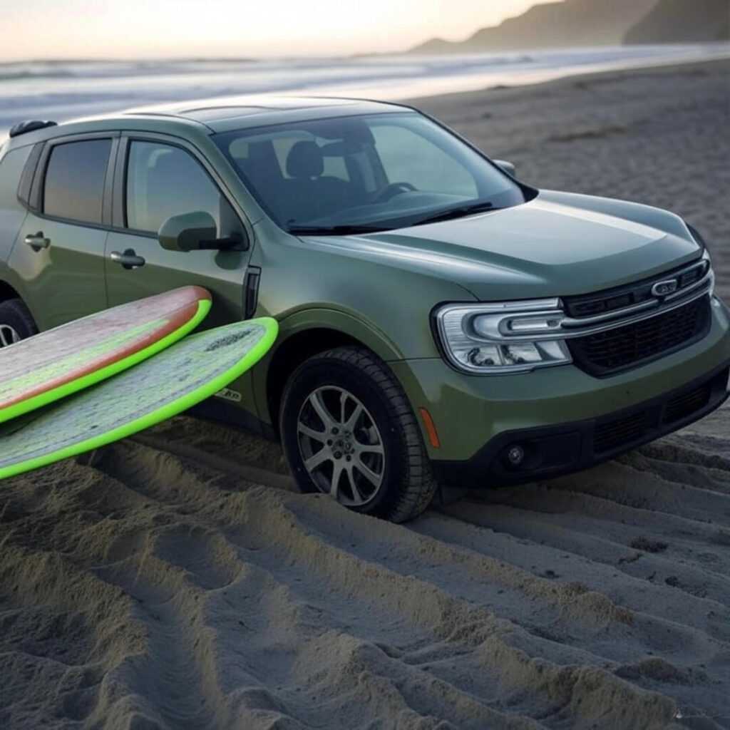 Maverick on beach, surfboards falling, sandy tilt.