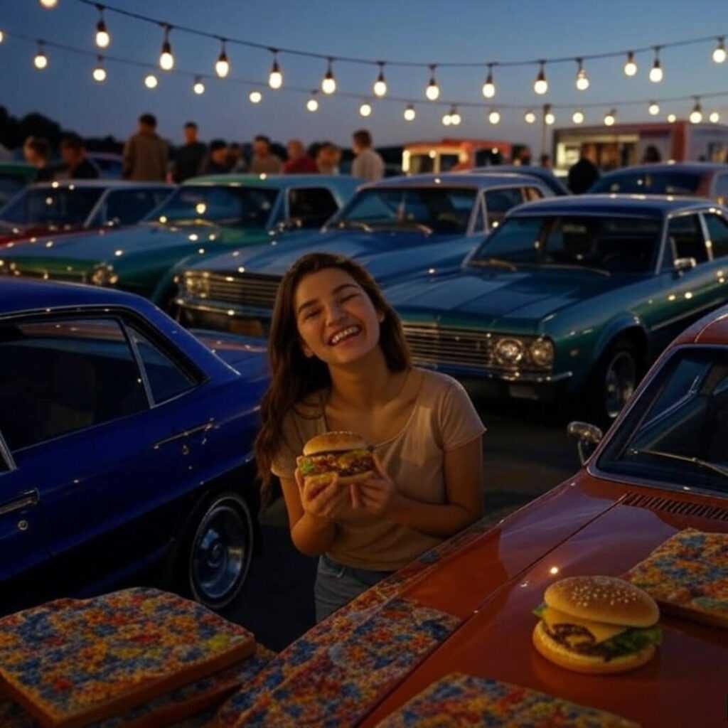 Busy car show lot at dusk, burger in hand.