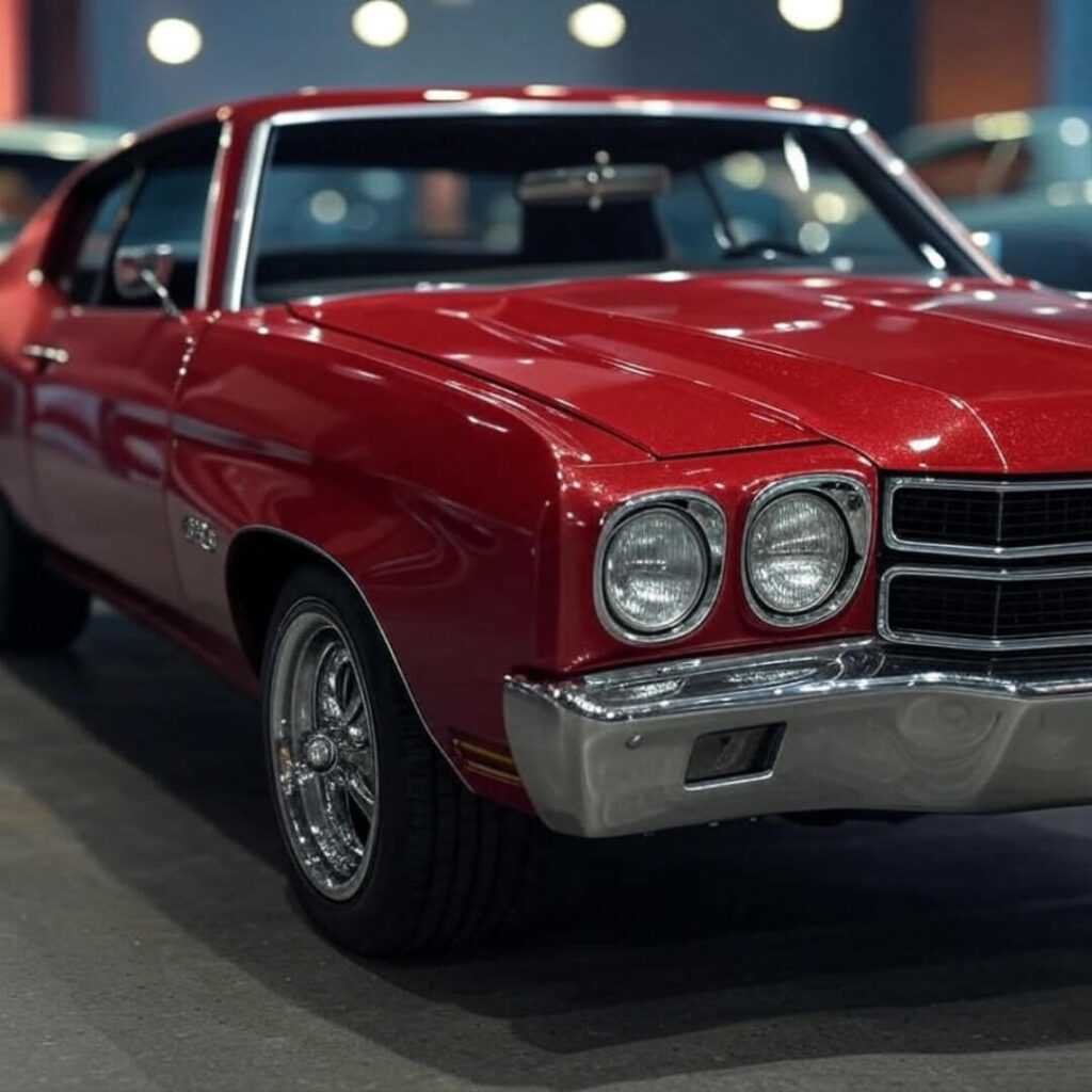 Gleaming 1970 Chevelle with tiny dent at show.