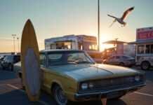 Why Classic Cars Are Making a Huge Comeback in 2025 67 Charger beach lot, seagull with fry, retro vibe.