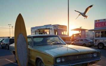 Why Classic Cars Are Making a Huge Comeback in 2025 67 Charger beach lot, seagull with fry, retro vibe.