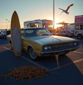 Why Classic Cars Are Making a Huge Comeback in 2025 67 Charger beach lot, seagull with fry, retro vibe.