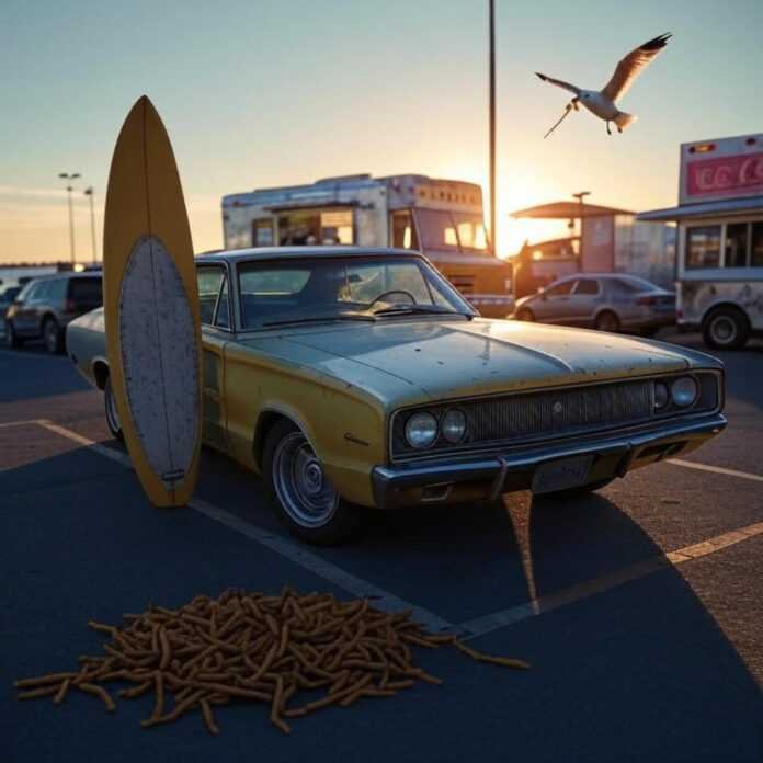 67 Charger beach lot, seagull with fry, retro vibe. 67 Charger beach lot, seagull with fry, retro vibe.