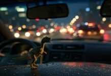 First Cars for Beginners: Latest Models and Updates Blurry dash with dinosaur toy, chaotic vibe.