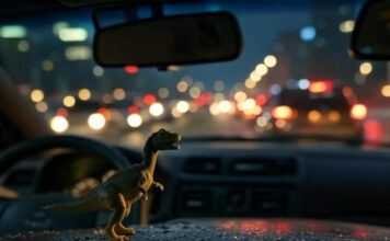 First Cars for Beginners: Latest Models and Updates Blurry dash with dinosaur toy, chaotic vibe.