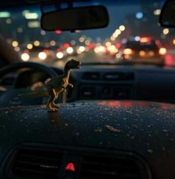 First Cars for Beginners: Latest Models and Updates Blurry dash with dinosaur toy, chaotic vibe.
