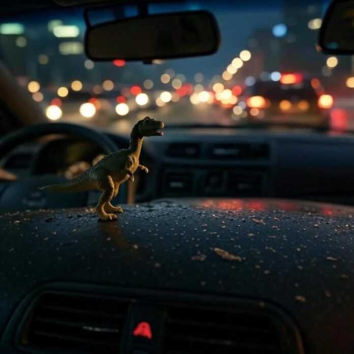 Blurry dash with dinosaur toy, chaotic vibe. Blurry dash with dinosaur toy, chaotic vibe.