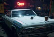 The Ultimate Guide to Restoring Classic Cars Like a Pro Half-restored Impala in chaotic garage, neon sign glows.