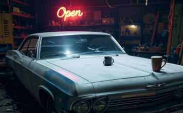 The Ultimate Guide to Restoring Classic Cars Like a Pro Half-restored Impala in chaotic garage, neon sign glows.