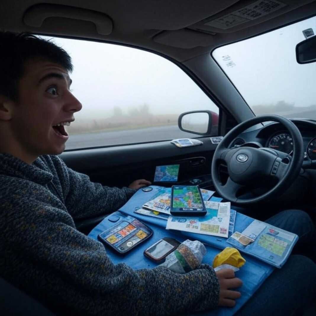 Wry dashboard chaos of first drive snapshot.