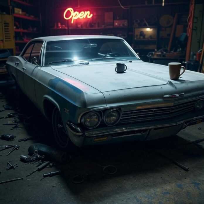 Half-restored Impala in chaotic garage, neon sign glows.