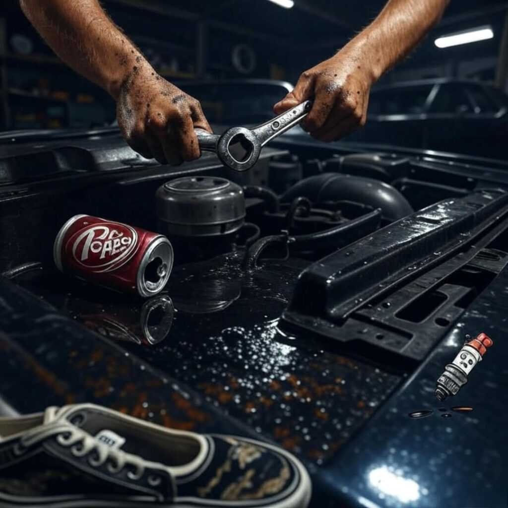 Grimy hands drop wrench on Barracuda, soda spill.