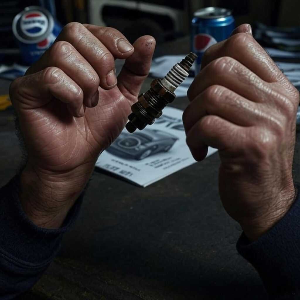 Greasy hands struggle with rusted spark plug, Pepsi nearby.