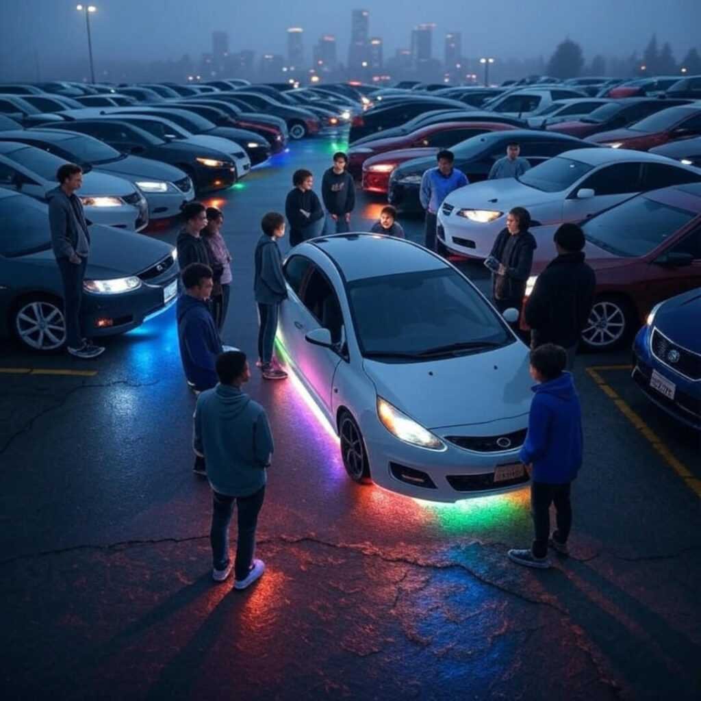 Young drivers geeking over first car trends 2025 mods, Seattle fog rolling in.