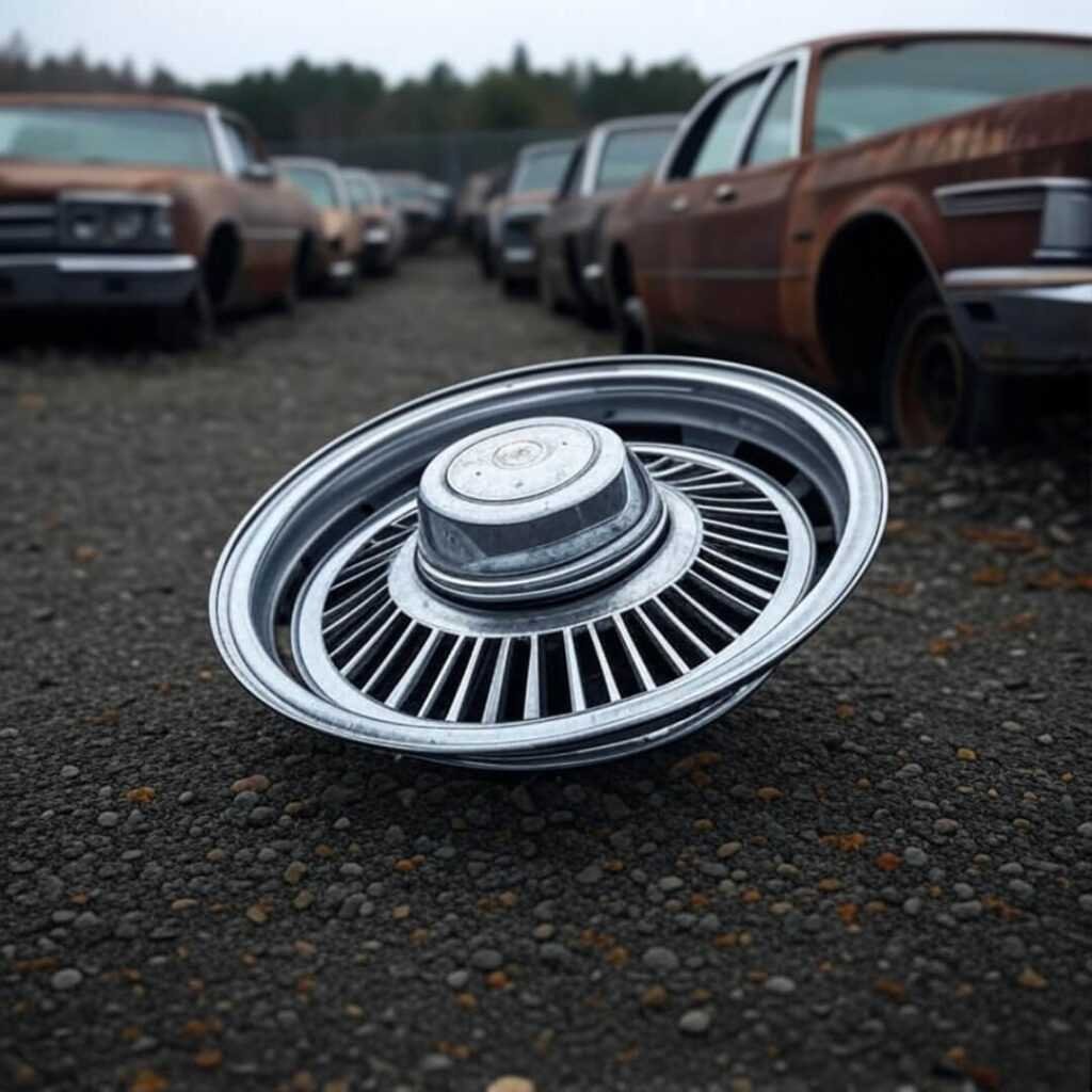 Rusty classics in Pennsylvania junkyard, shiny hubcap glints.