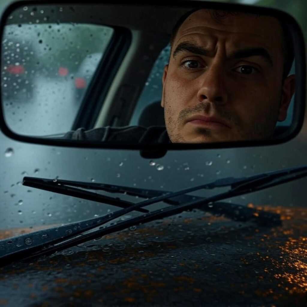 Rainy mirror selfie, half face cut.