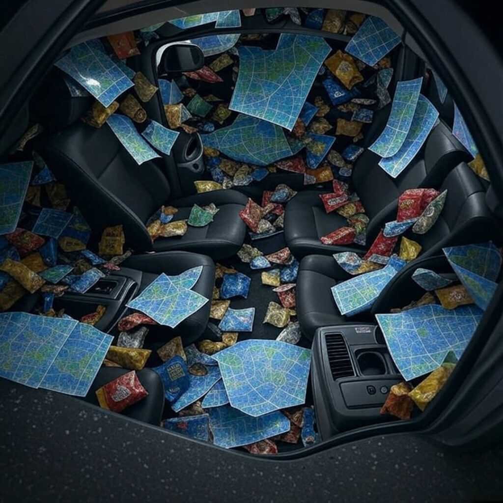 Mirrored clutter of holographic maps and snacks.
