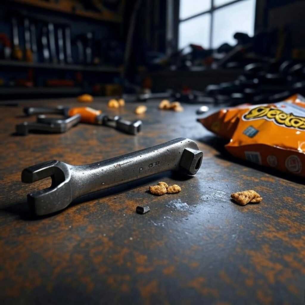Messy workbench with tools, wrench, spilled Cheetos chaos.