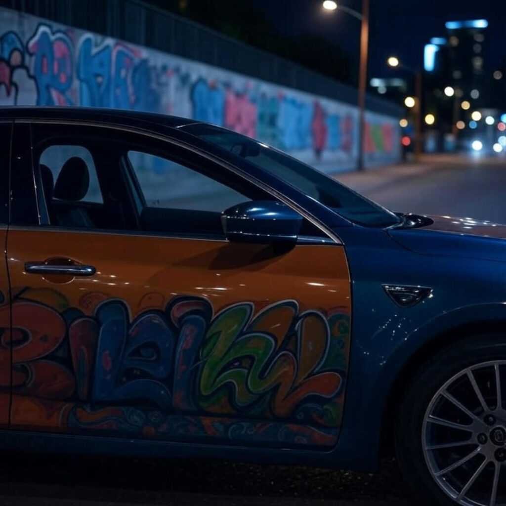 Streetlit hybrid sedan past graffiti, wry gaze.
