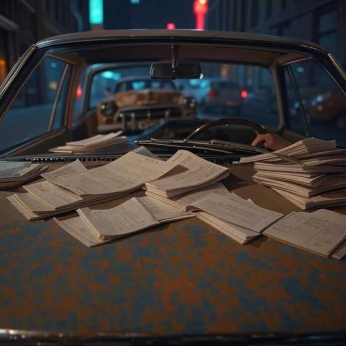 Dreamy neon-lit upcoming first car teetering on driving mishaps, evoking hopeful starter vibes.