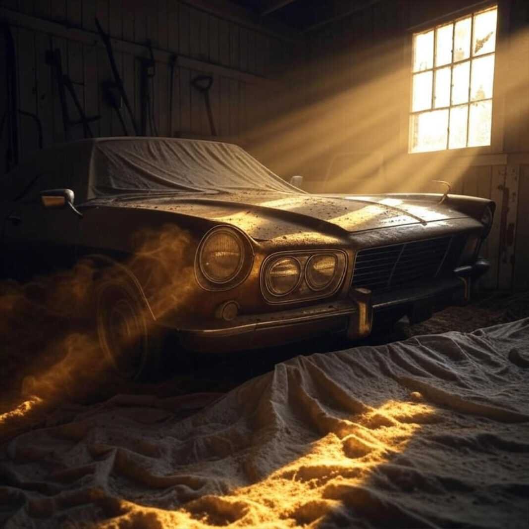 Dusty hidden gem classic car in barn evoking wry nostalgia.