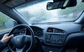 Top First Cars for Young Drivers in 2025: Features, Prices, and Safety Tips Blurry first-person view of my 2025 Honda Civic dashboard during a panic-brake moment, rain blurring the windshield.