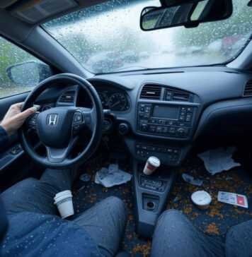 Top First Cars for Young Drivers in 2025: Features, Prices, and Safety Tips Blurry first-person view of my 2025 Honda Civic dashboard during a panic-brake moment, rain blurring the windshield.