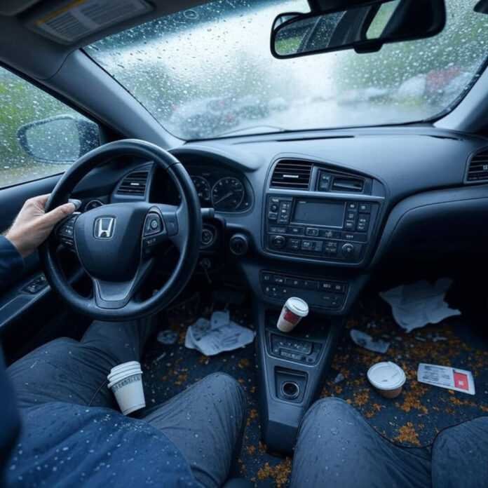 Blurry first-person view of my 2025 Honda Civic dashboard during a panic-brake moment, rain blurring the windshield. Blurry first-person view of my 2025 Honda Civic dashboard during a panic-brake moment, rain blurring the windshield.