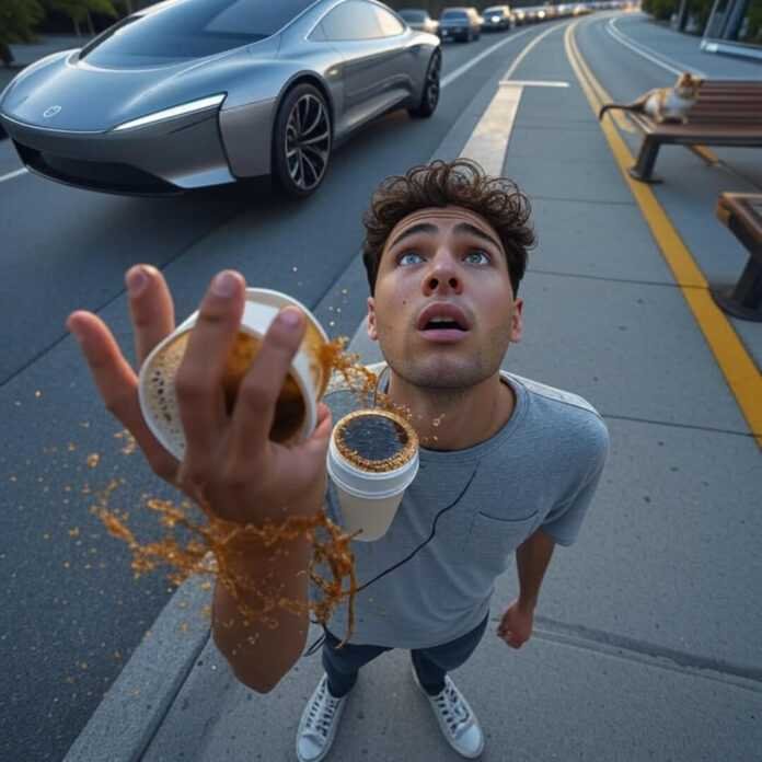 Flying car hovers over smart road, coffee spills, cat naps.