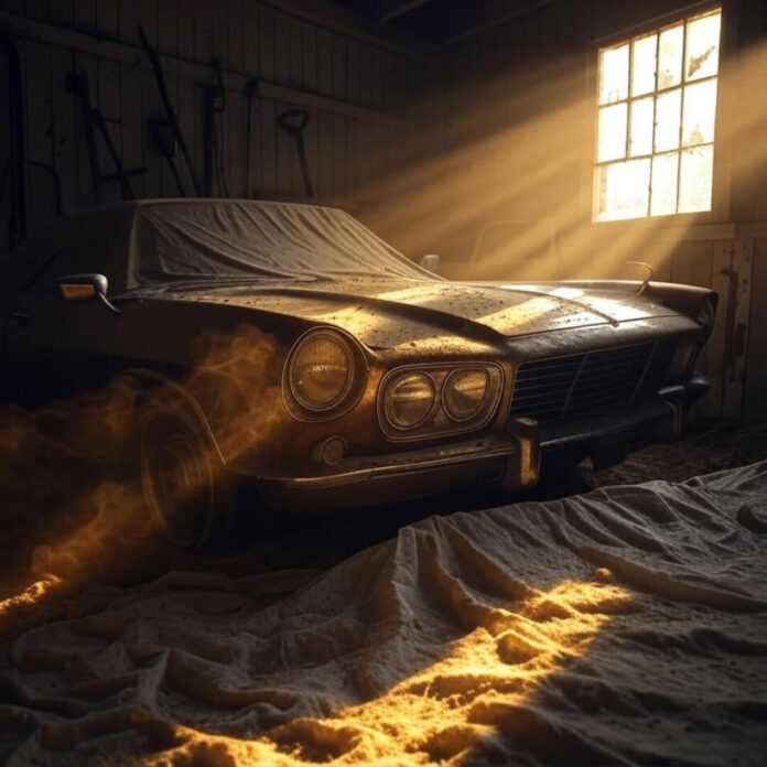 Dusty hidden gem classic car in barn evoking wry nostalgia.